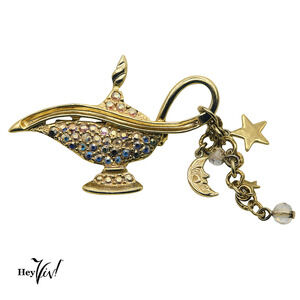 Kirks Folly Signed Magic Aladdin Lamp Crystal Brooch Pin w Moon & Stars -Hey Viv